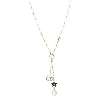 Christian Dior Crystal Pearl CD Shiny-D Tribal Long Necklace Gold 1 of 5