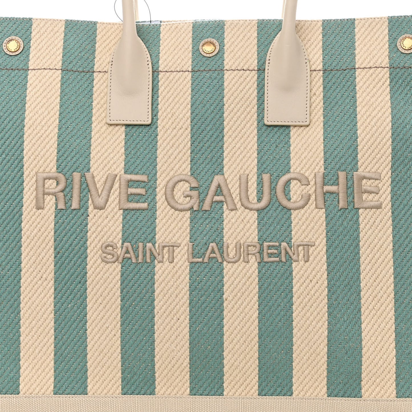 Cotton Linen Calfskin Striped Rive Gauche Tote Water Green