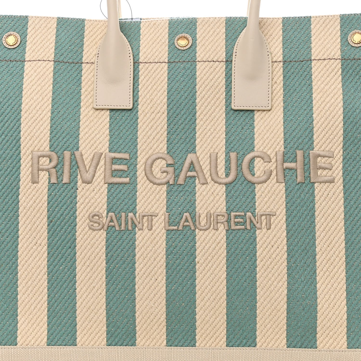 Saint Laurent Cotton Linen Calfskin Striped Rive Gauche Tote Water Green 8 of 10
