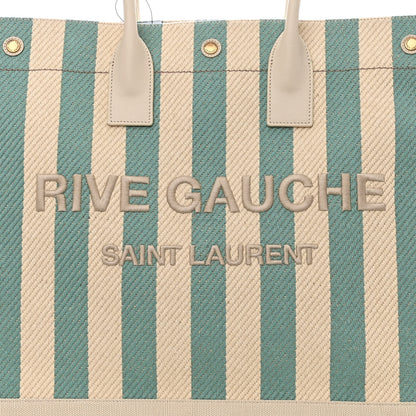 Saint Laurent Cotton Linen Calfskin Striped Rive Gauche Tote Water Green 8 of 10