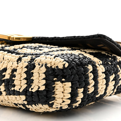 Fendi Raffia Vitello Dolce FF 1974 Crochet Baguette Black Natural 8 of 9