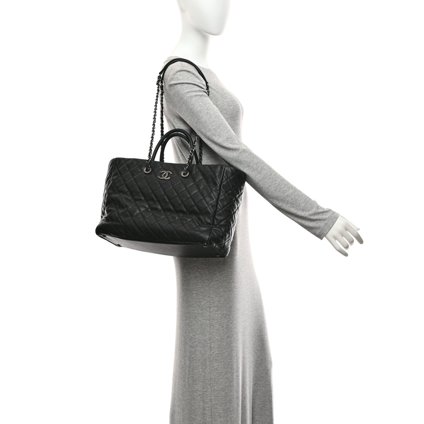 Caviar Quilted Large Coco Handle Shopping Tote Black