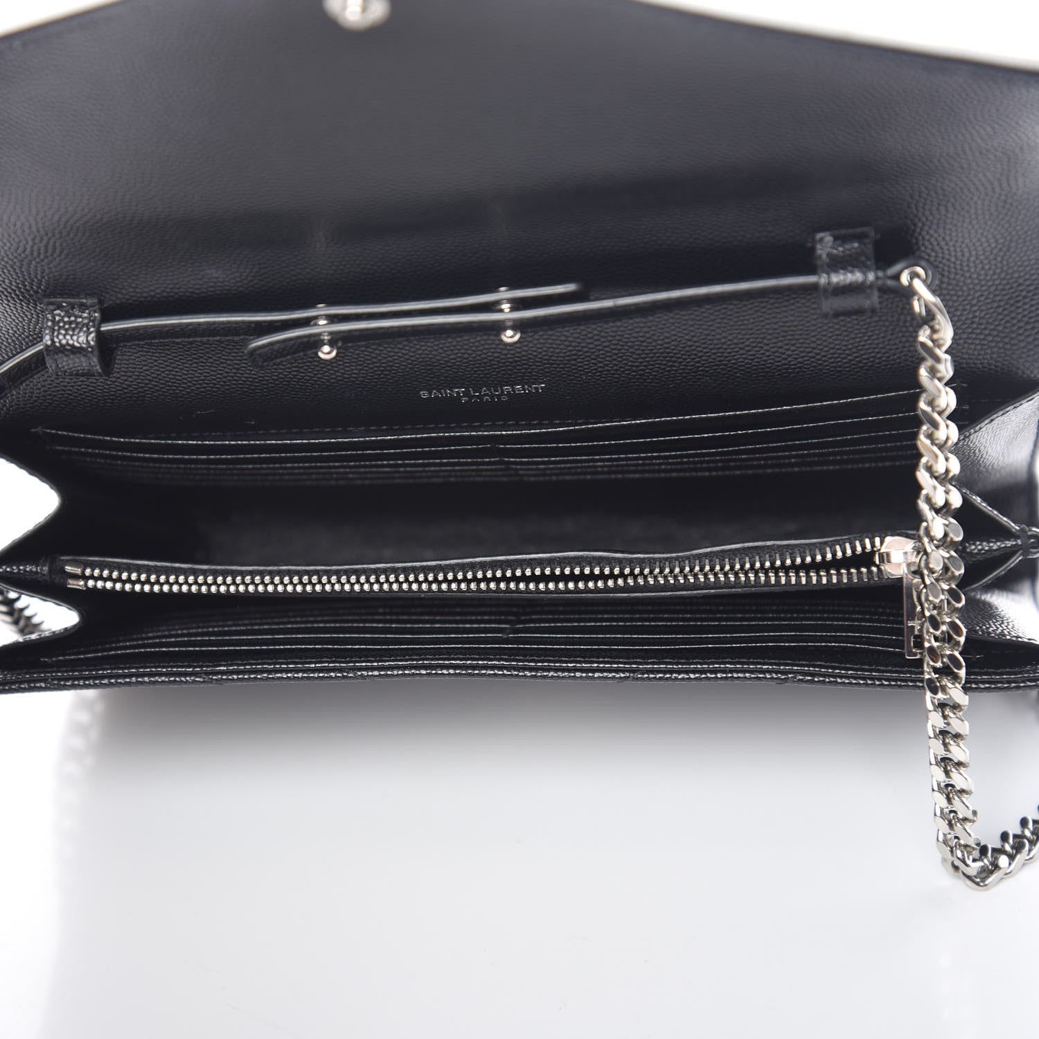 Saint Laurent Grain De Poudre Matelasse Chevron Bi-Color Monogram Chain Wallet White Black 5 of 13