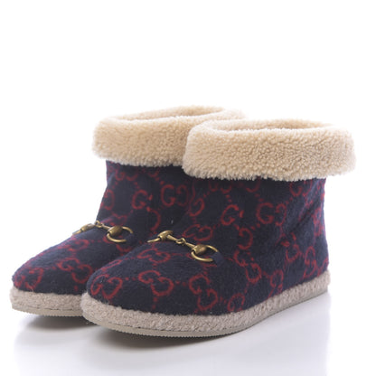 Gucci Covered Wool GG Monogram Womens Fria Horsebit Ankle Boots 37 Blue Red Butterscotch 3 of 9