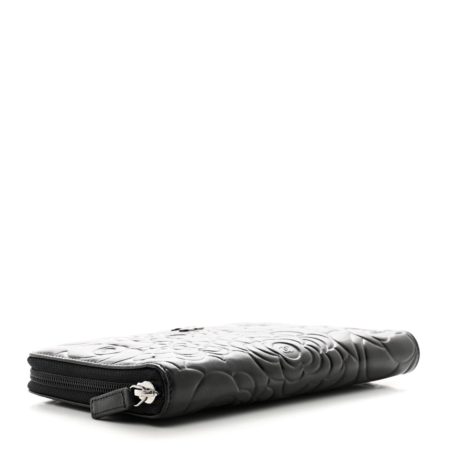 Lambskin Camellia Embossed Zip Around Organizer Wallet Black