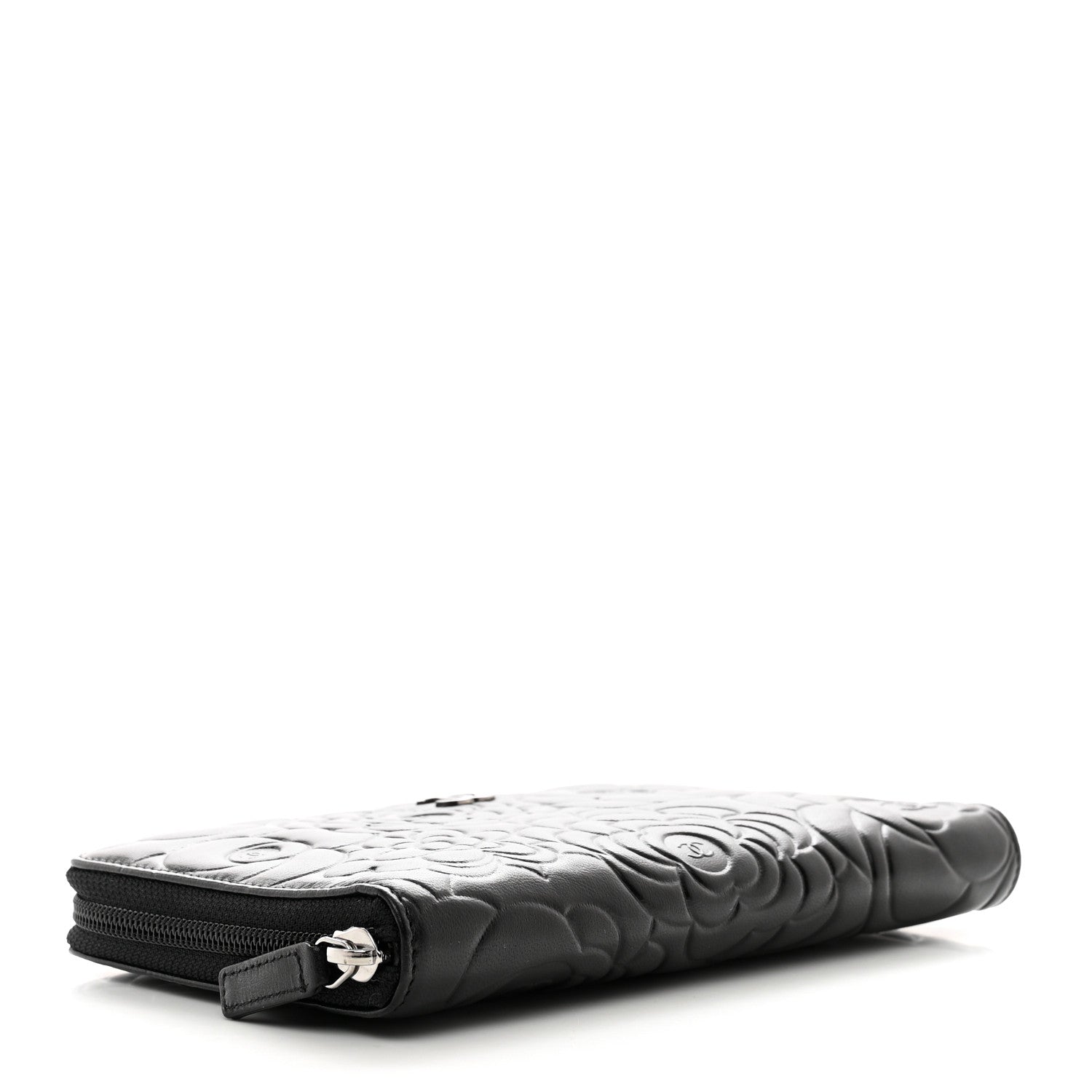 Chanel Lambskin Camellia Embossed Zip Around Organizer Wallet Black 4 of 9