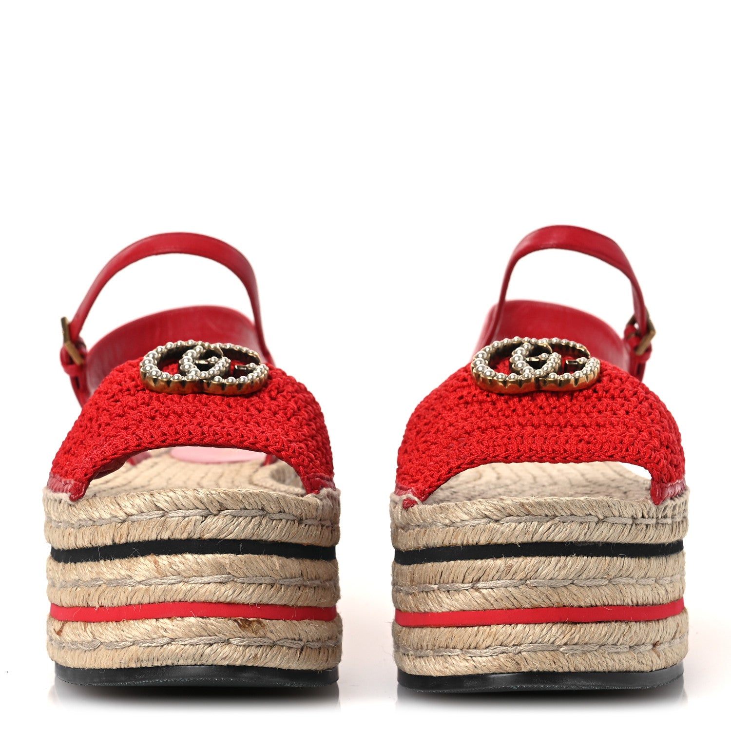Gucci Cotton Malaga Kid Crochet Pearly GG Lilibeth Espadrille Platform Sandals 39 Hibiscus Red 3 of 11