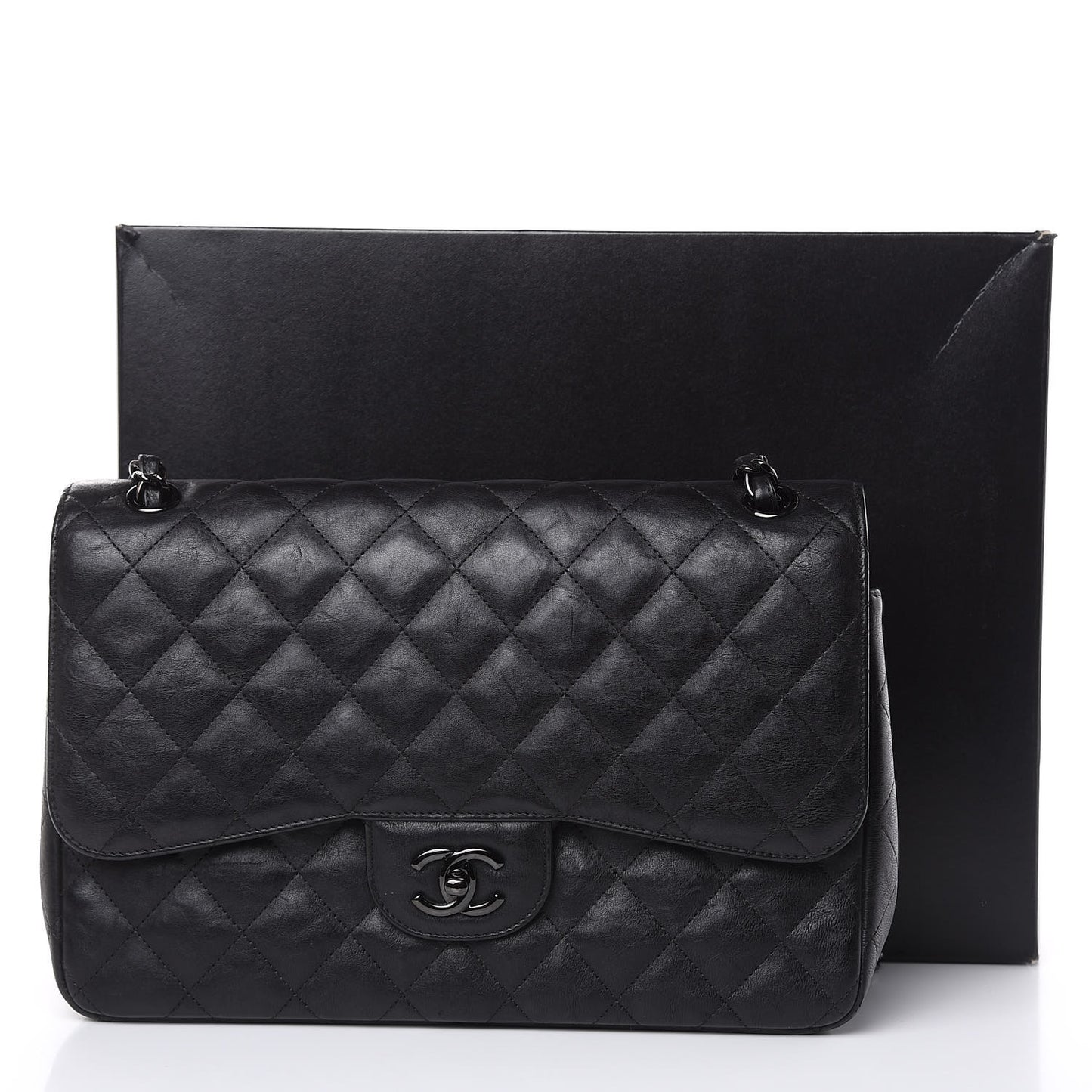 Crumpled Calfskin Quilted Jumbo Double Flap So Black
