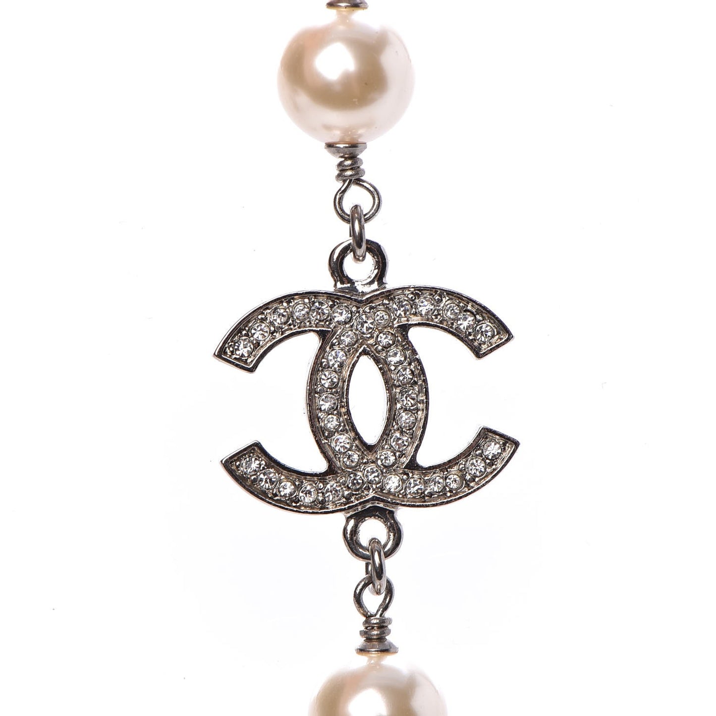 Crystal Pearl CC Long Necklace Silver
