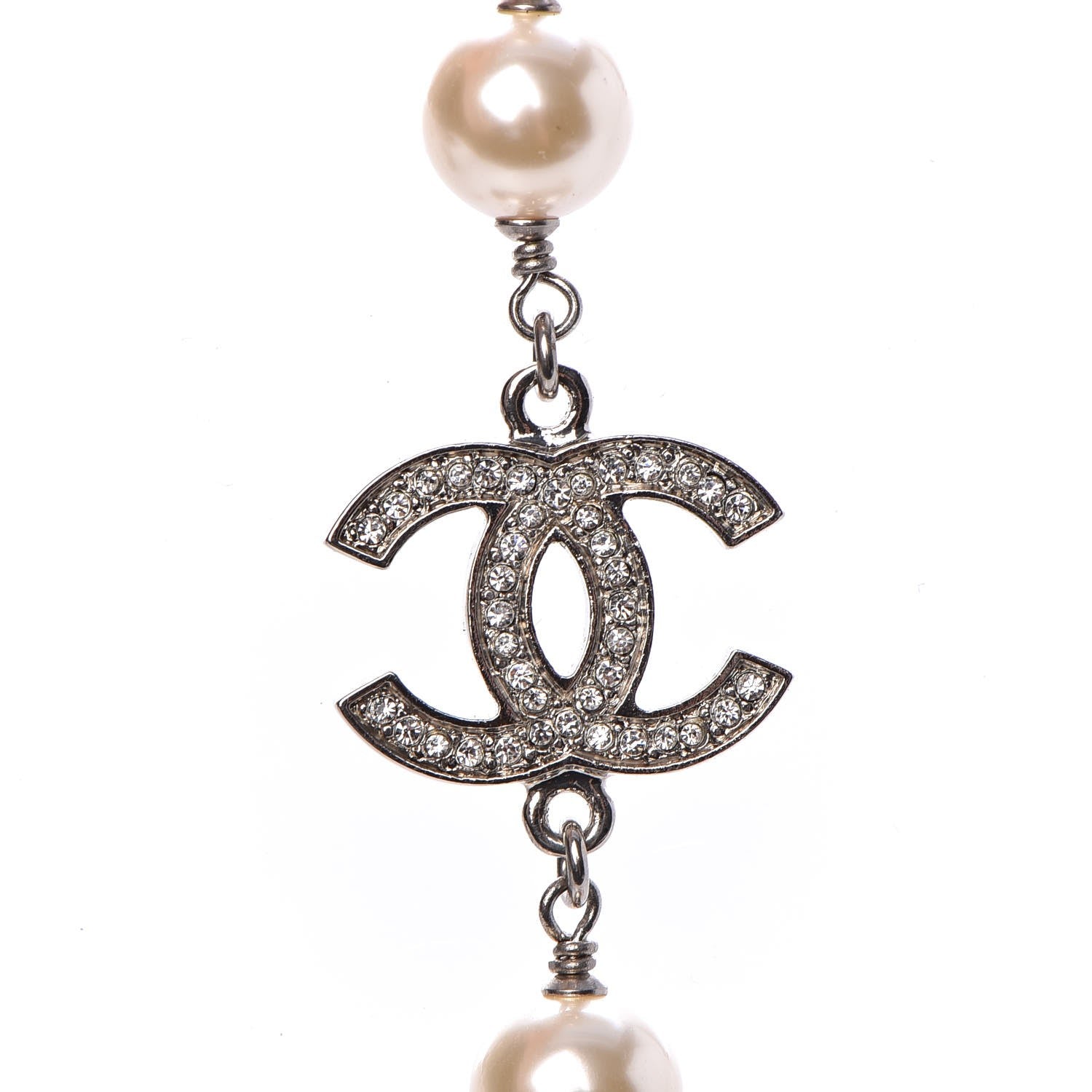 Chanel Crystal Pearl CC Long Necklace Silver 5 of 5