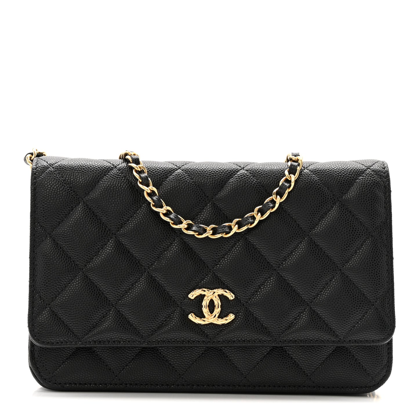 Caviar Quilted Textured CC Wallet On Chain WOC Black