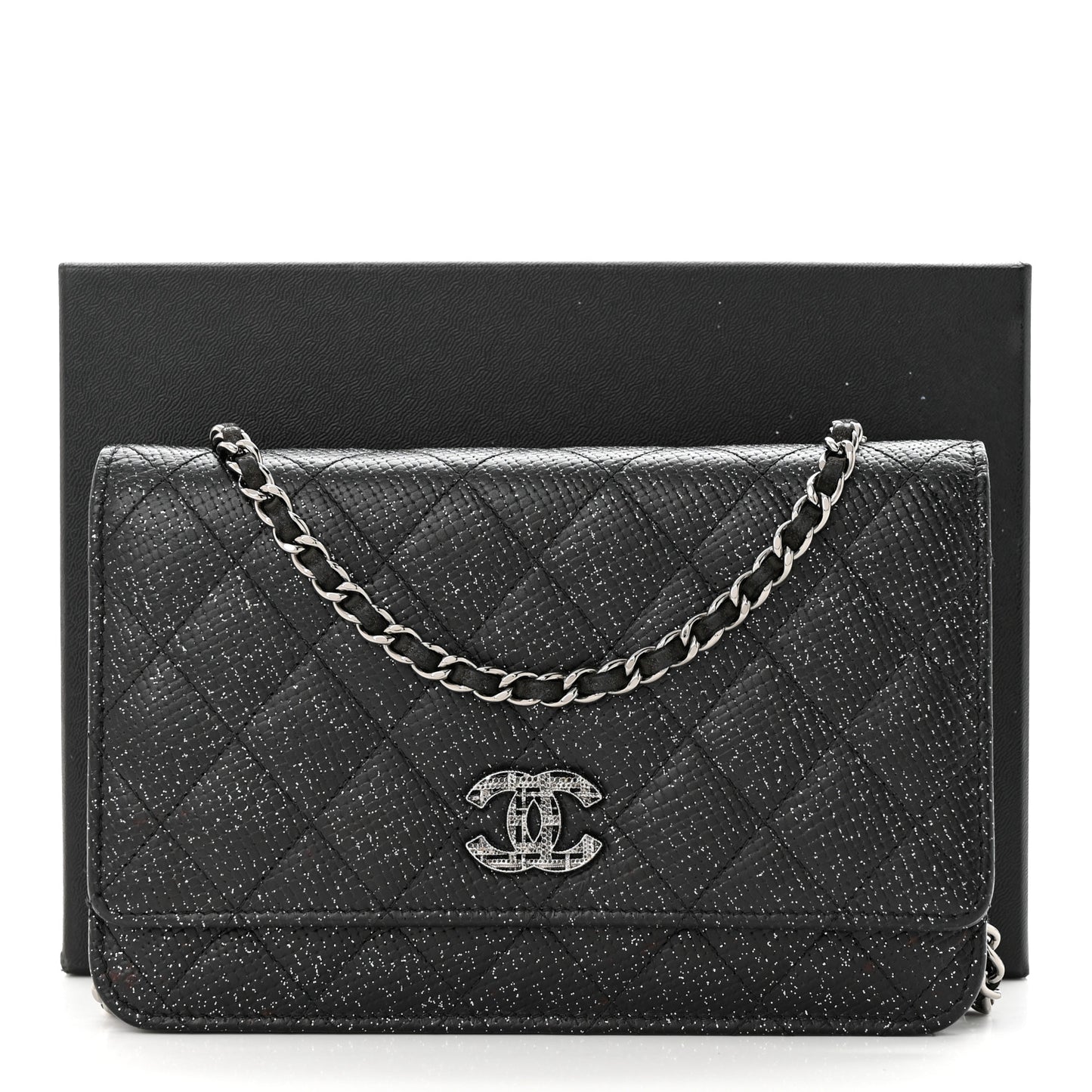 Glitter Calfskin Quilted Wallet on Chain WOC Black Silver