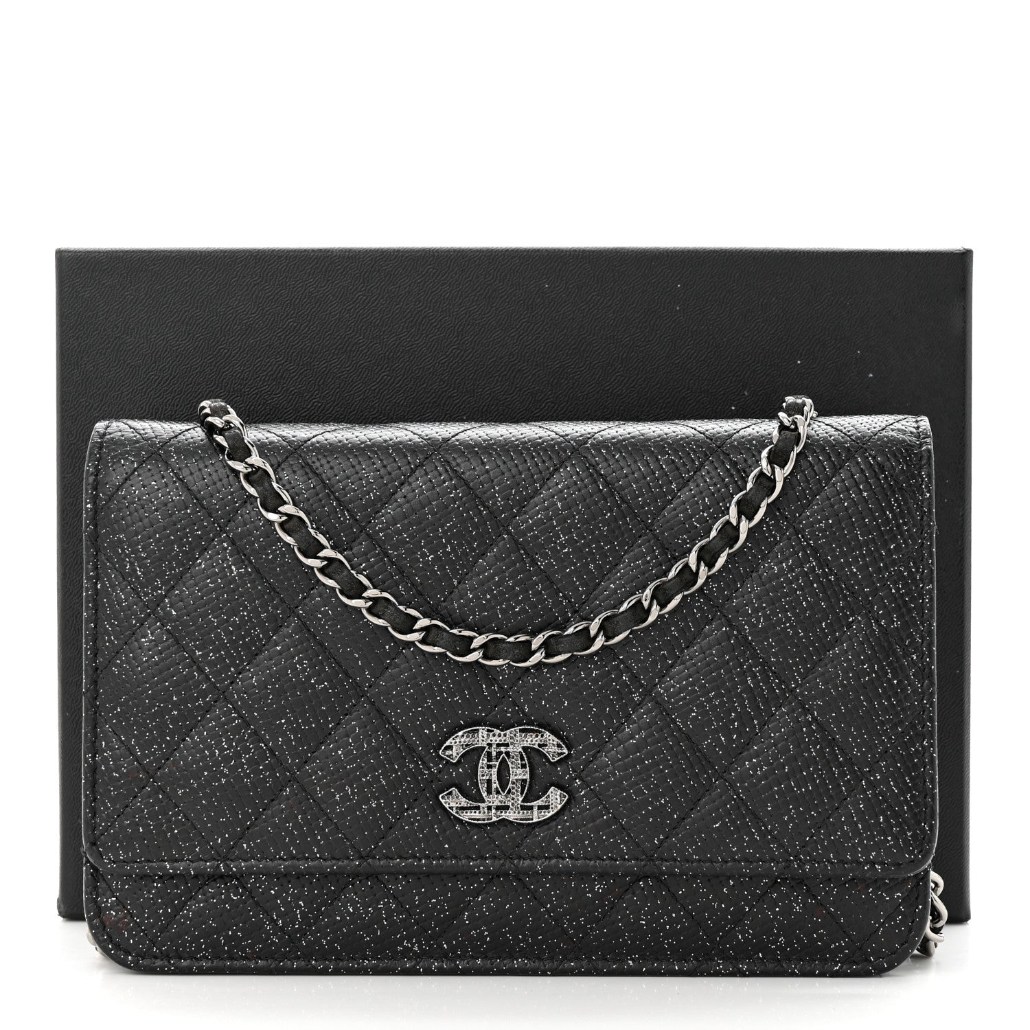 Chanel Glitter Calfskin Quilted Wallet on Chain WOC Black Silver 13 of 13