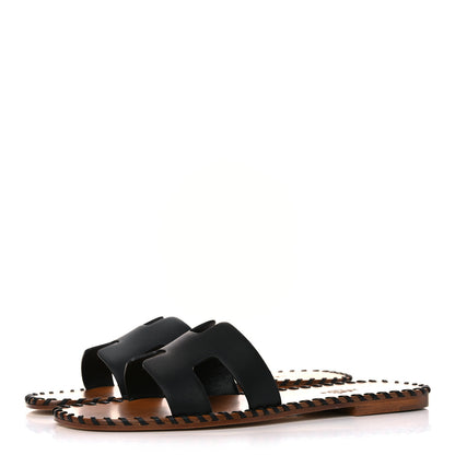 Hermes Box Calfskin Braided Oran Sandals 38 Black 3 of 9
