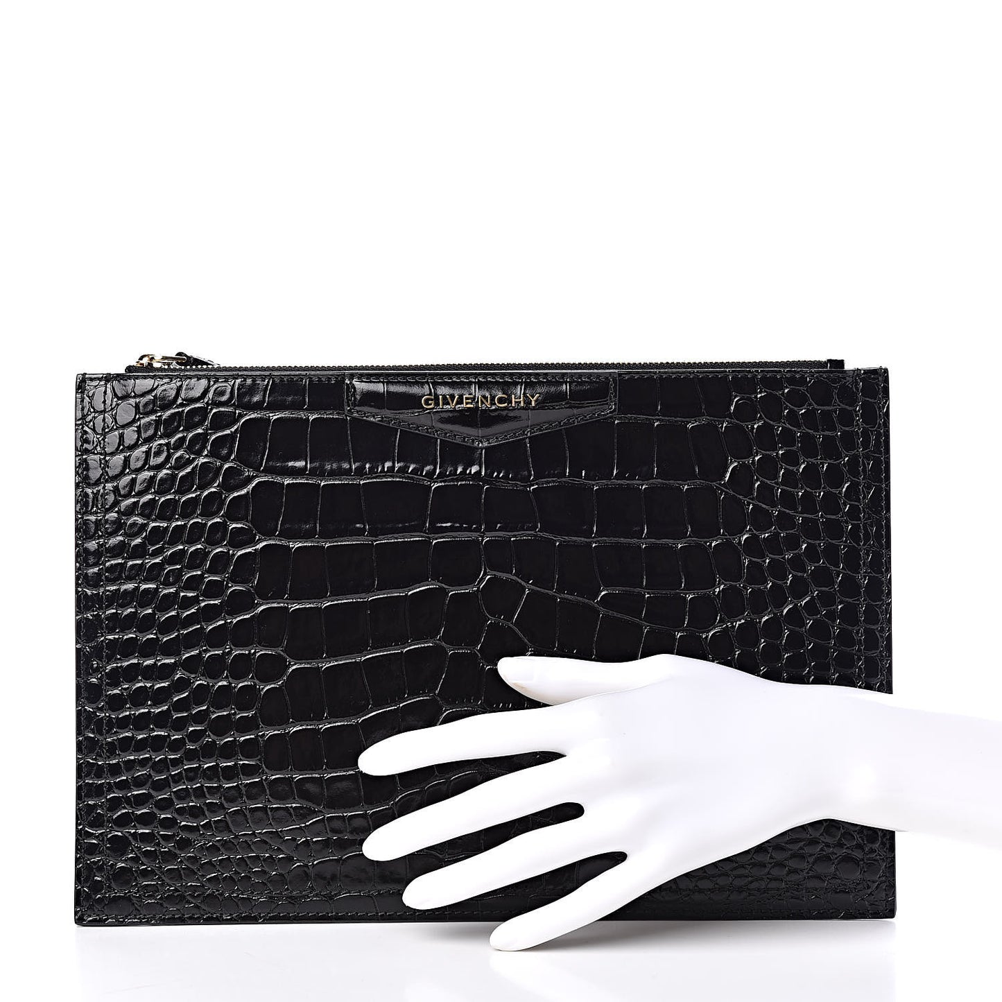 Calfskin Crocodile Embossed Medium Zip Pouch Black