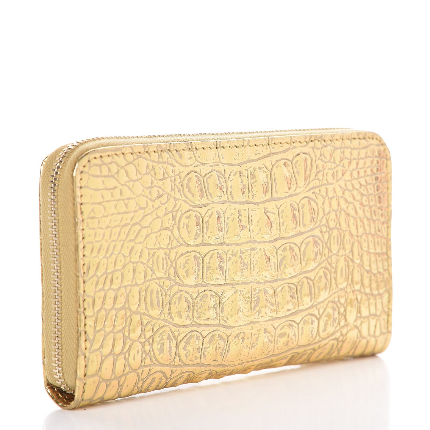 Metallic Calfskin Crocodile Embossed Small Zip Wallet Gold