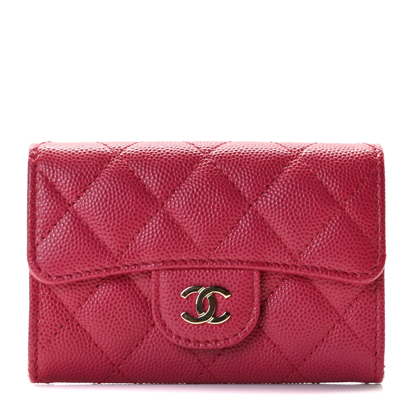 Caviar Quilted Flap Card Holder Wallet Dark Pink