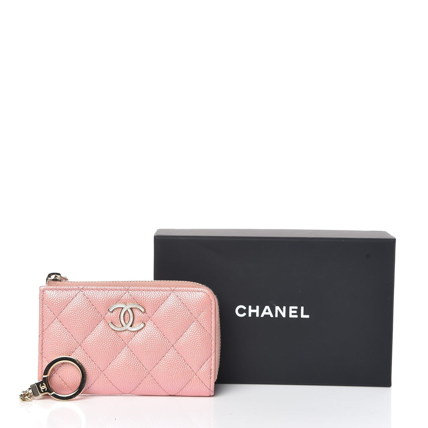 Iridescent Caviar Quilted Zipped Key Holder Case Rose Pink