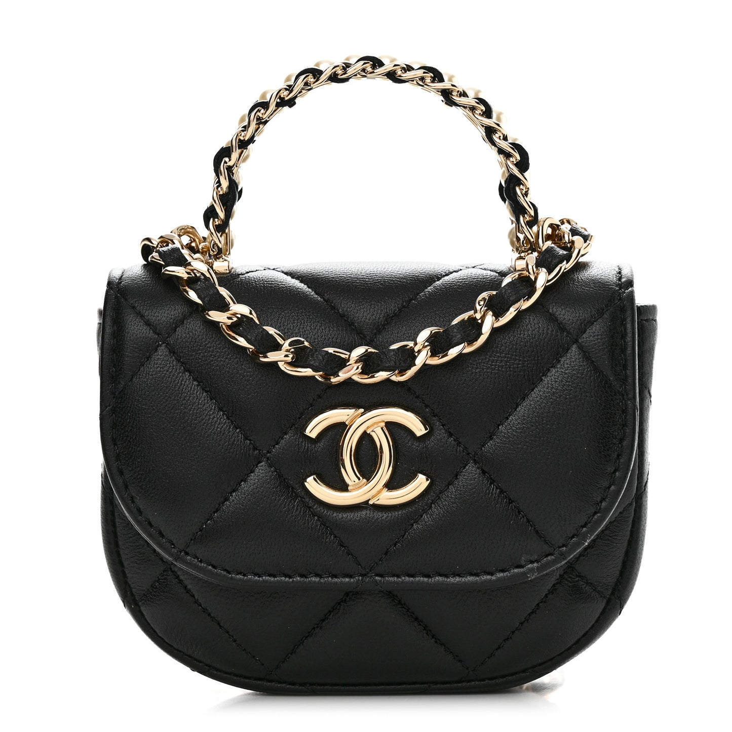 Lambskin Quilted Pearl Top Handle Clutch With Chain Black