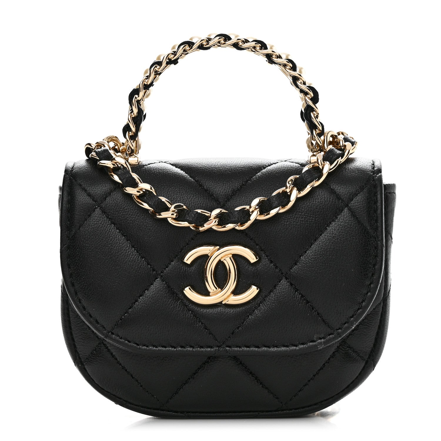 Chanel Lambskin Quilted Pearl Top Handle Clutch With Chain Black 1 of 11