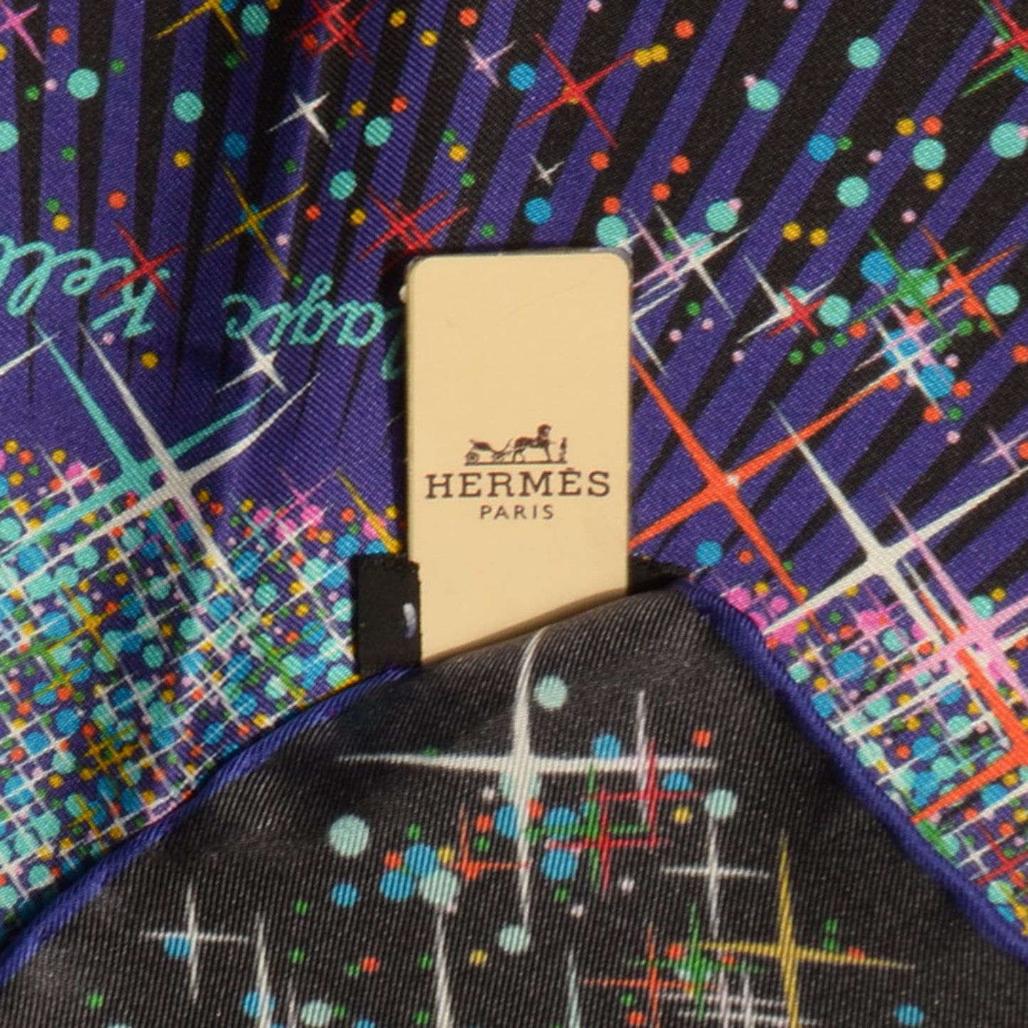 Silk Twill Magic Kelly Pocket Square Scarf Noir Violet Turquoise