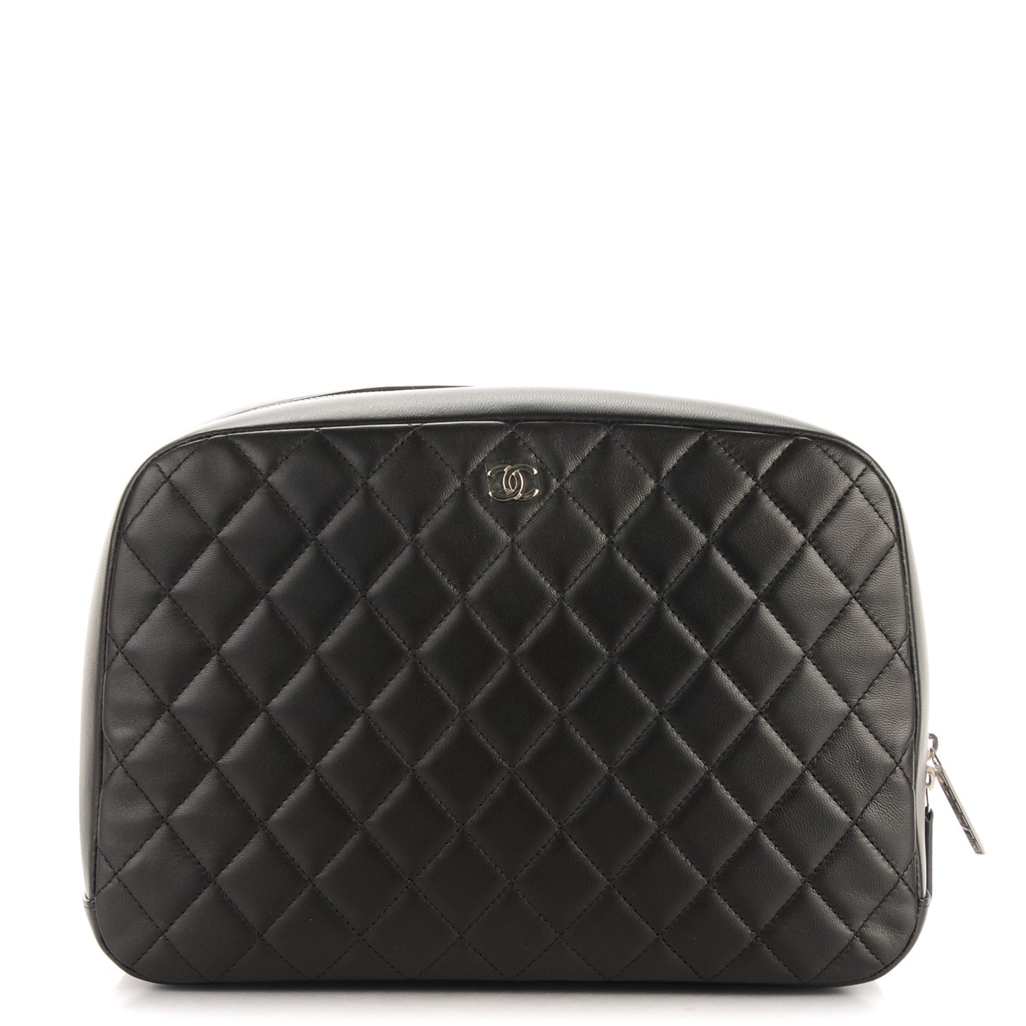 Lambskin Quilted Large Curvy Pouch Cosmetic Case Black