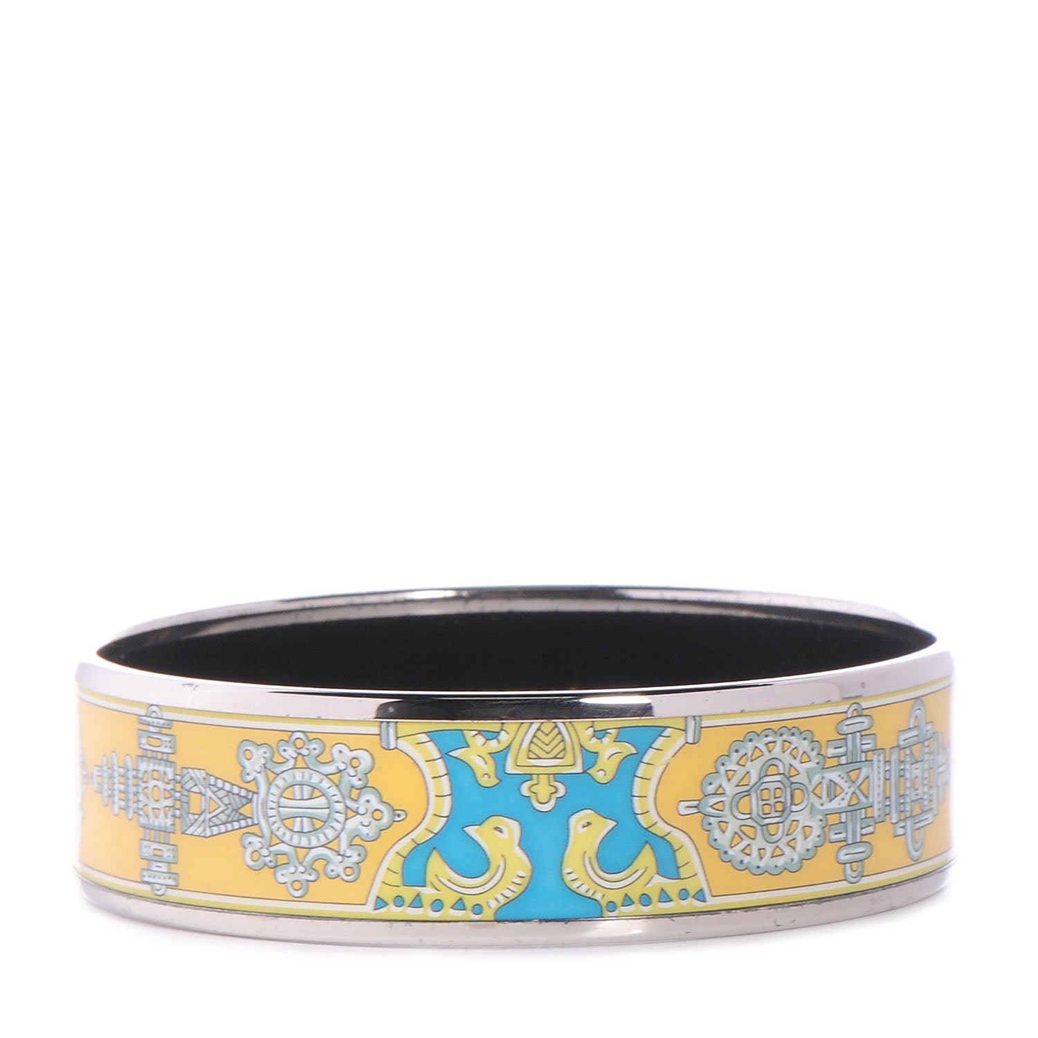 Hermes Enamel Printed Ornate Doves Wide Bracelet Bleu Yellow 65 1 of 6