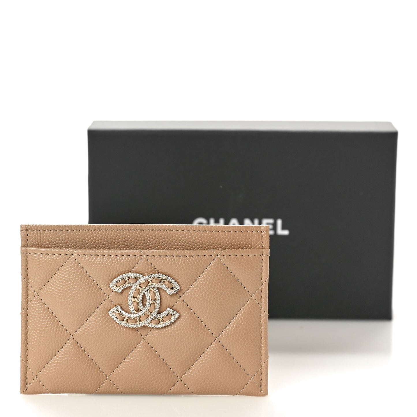 Caviar Quilted Crystal Card Holder Beige