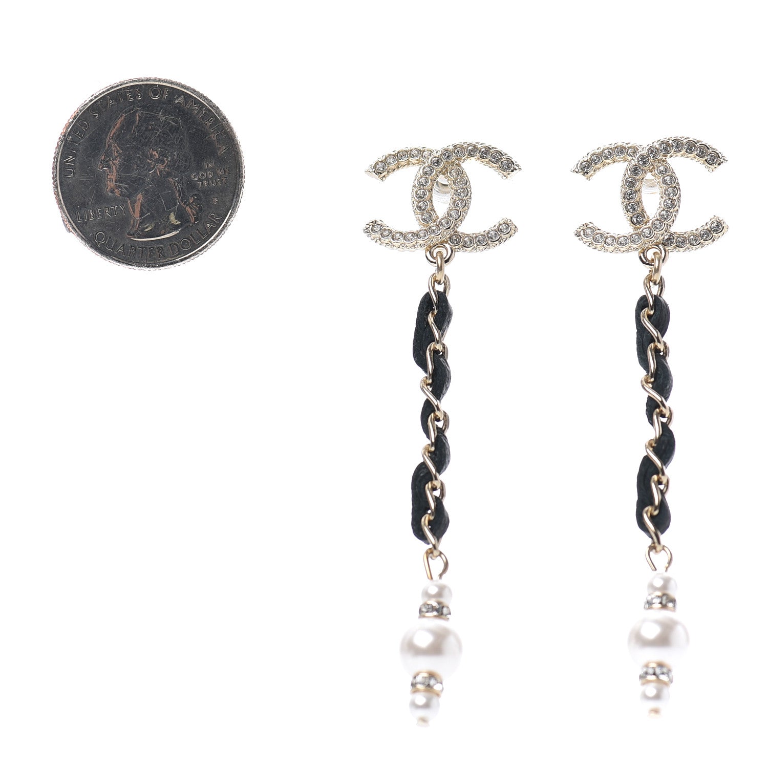 Chanel Lambskin Chain Crystal Pearl CC Drop Earrings Gold 2 of 4
