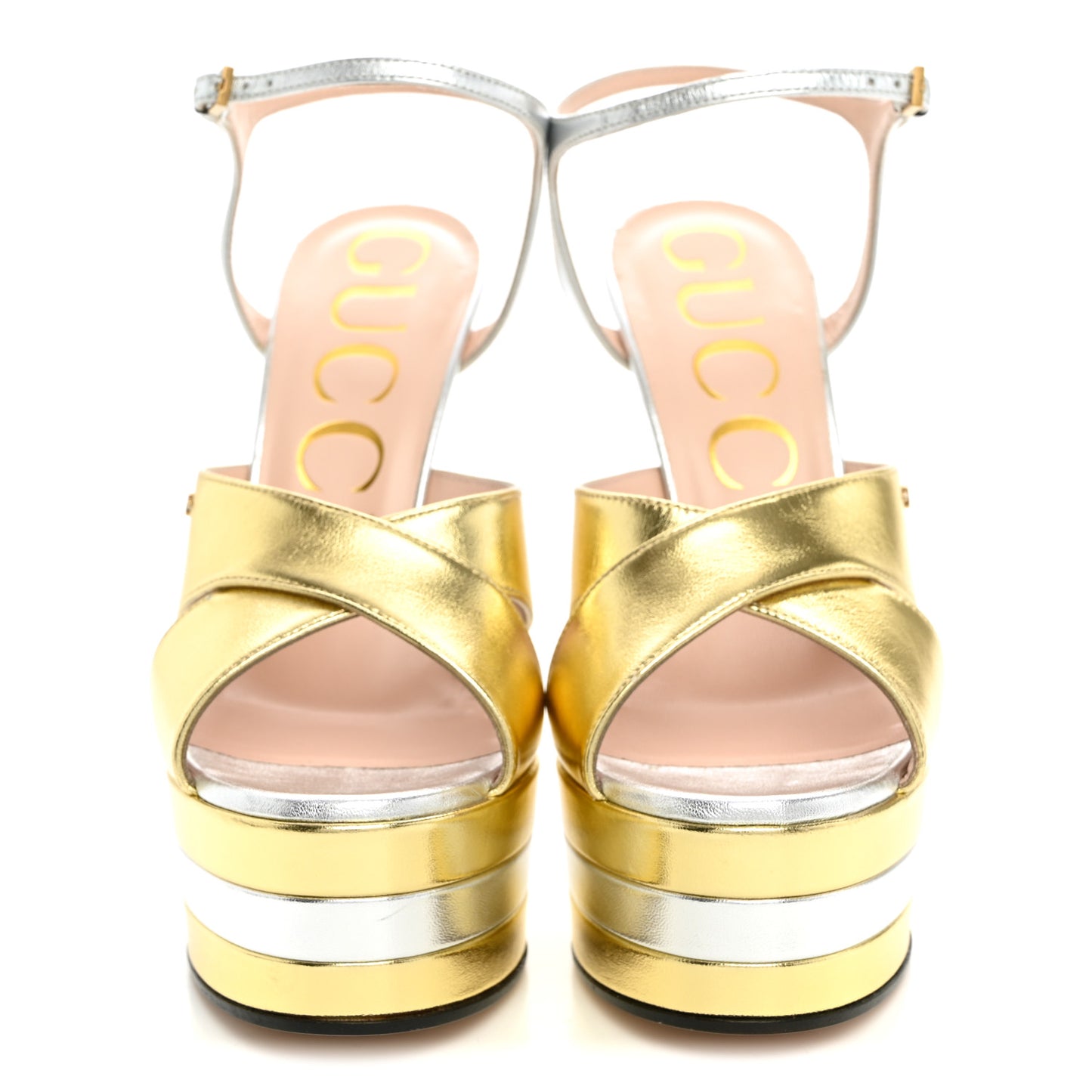 Metallic Nappa Double G 40/135mm Platform Sandals 37.5 Gold Silver