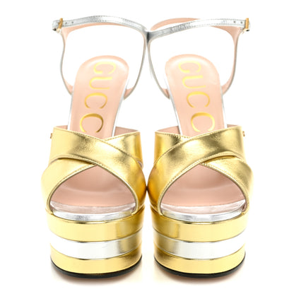 Gucci Metallic Nappa Double G 40/135mm Platform Sandals 37.5 Gold Silver 2 of 9