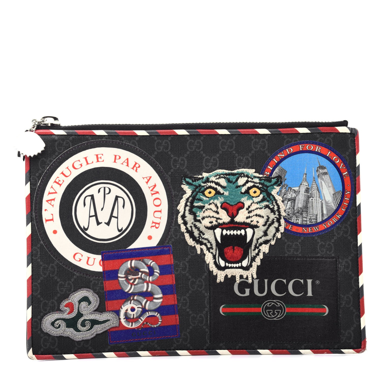 Gucci GG Supreme Monogram Night Courrier Zip Wristlet Pouch Black Multicolor 1 of 8
