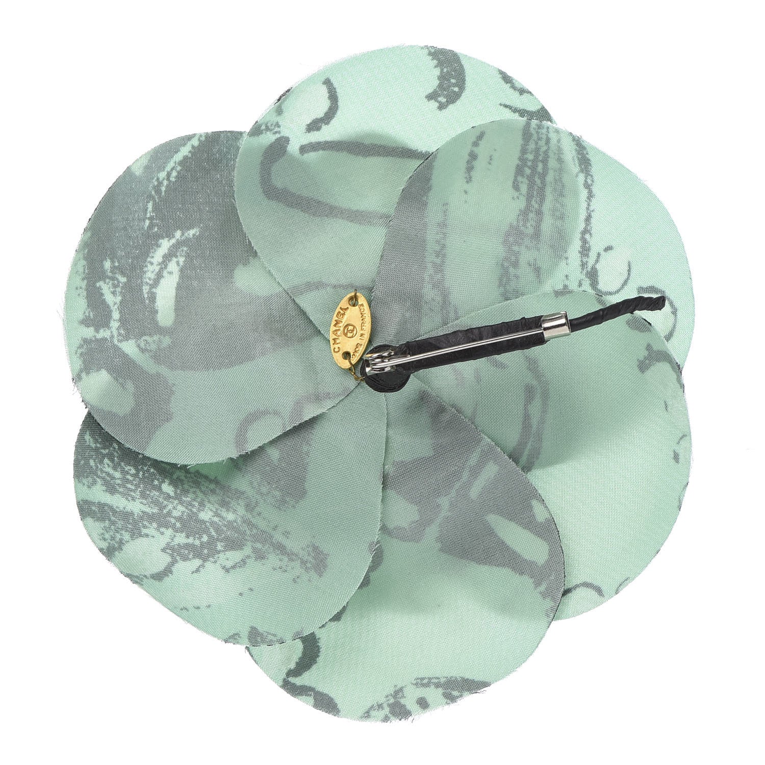 Chanel Silk Camellia Brooch Pin Green Black 3 of 5