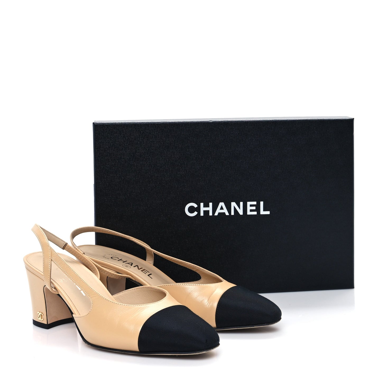 Goatskin Grosgrain Cap Toe CC Slingback Pumps 38 Beige Black