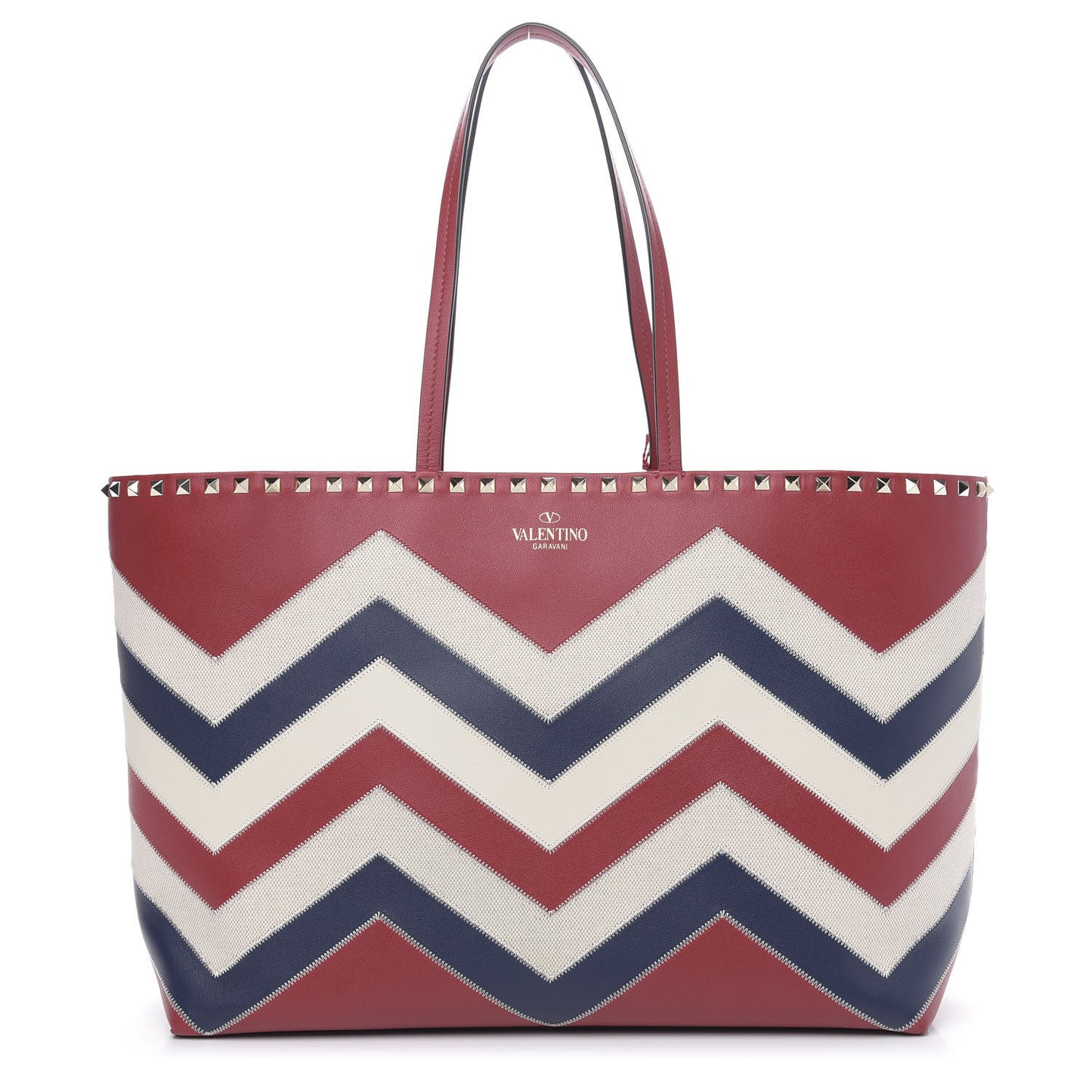 Calfskin Canvas Chevron Inlay Rockstud Shoulder Tote Red White Blue