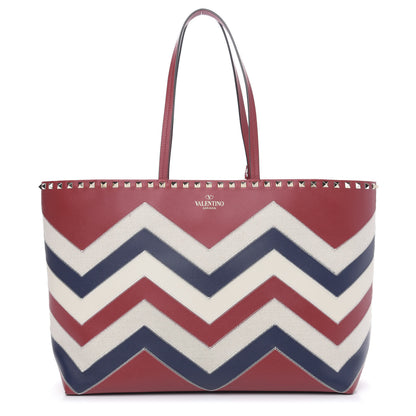 Valentino Garavani Calfskin Canvas Chevron Inlay Rockstud Shoulder Tote Red White Blue 1 of 11
