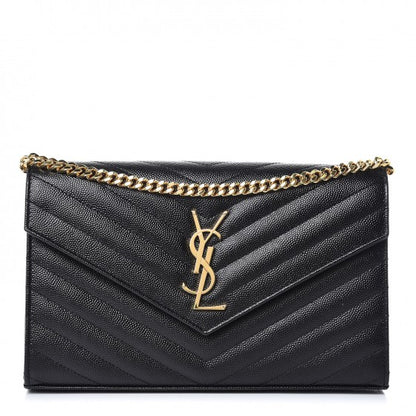 Saint Laurent Grain De Poudre Matelasse Chevron Monogram Chain Wallet Black 1 of 8