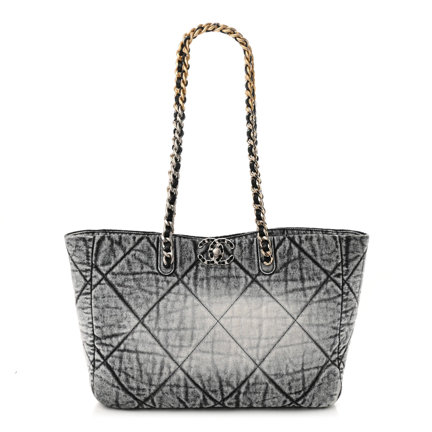 Washed Denim Quilted Chanel 19 East West Shopping Bag Black White