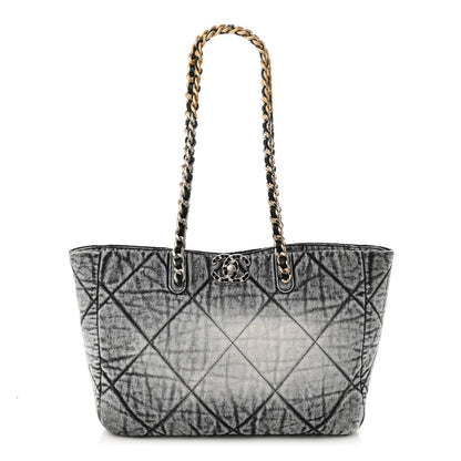 Chanel Washed Denim Quilted Chanel 19 East West Shopping Bag Black White 1 of 11