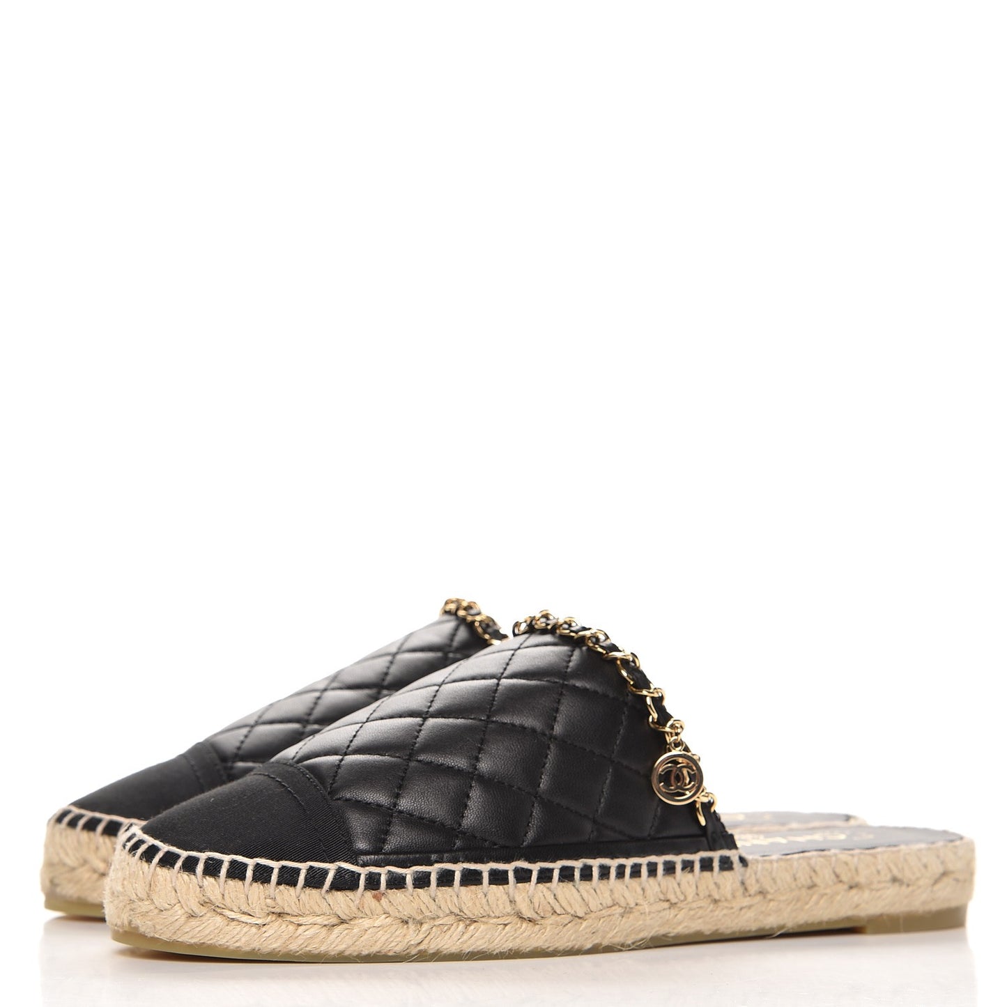 Lambskin Grosgrain Quilted CC Chain Espadrille Mules 39 Black