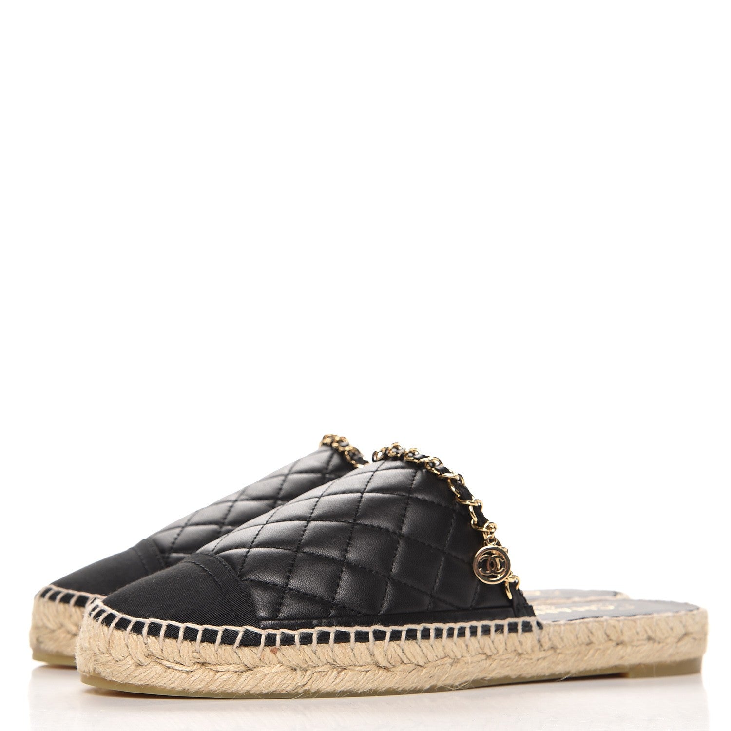 Chanel Lambskin Grosgrain Quilted CC Chain Espadrille Mules 39 Black 3 of 10