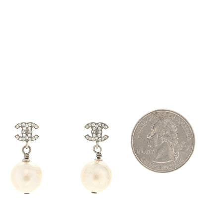 Chanel Crystal Pearl CC Drop Earrings Silver Pearly White 2 of 4