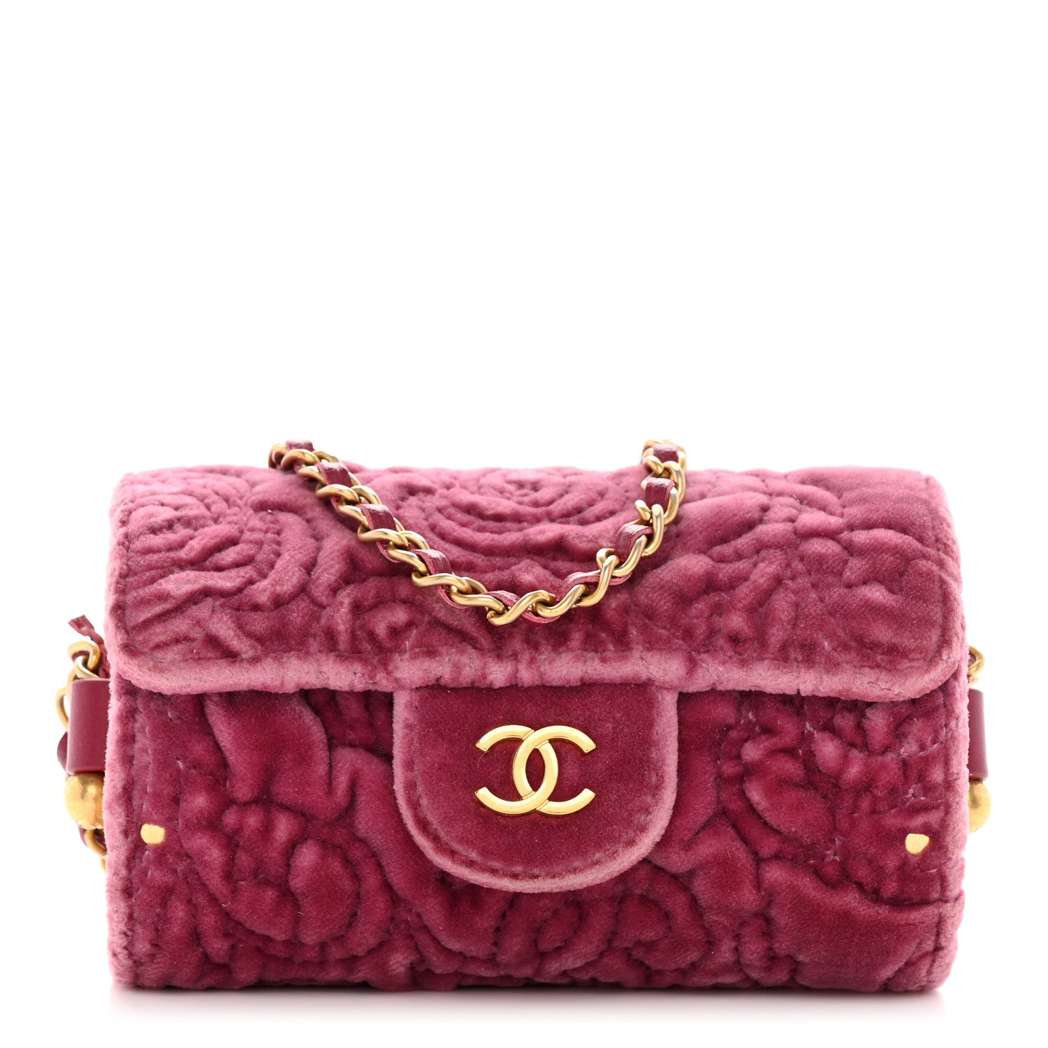 Chanel Velvet Camellia Embossed Jewel Belt Card Holder With Chain Pink 1 of 13