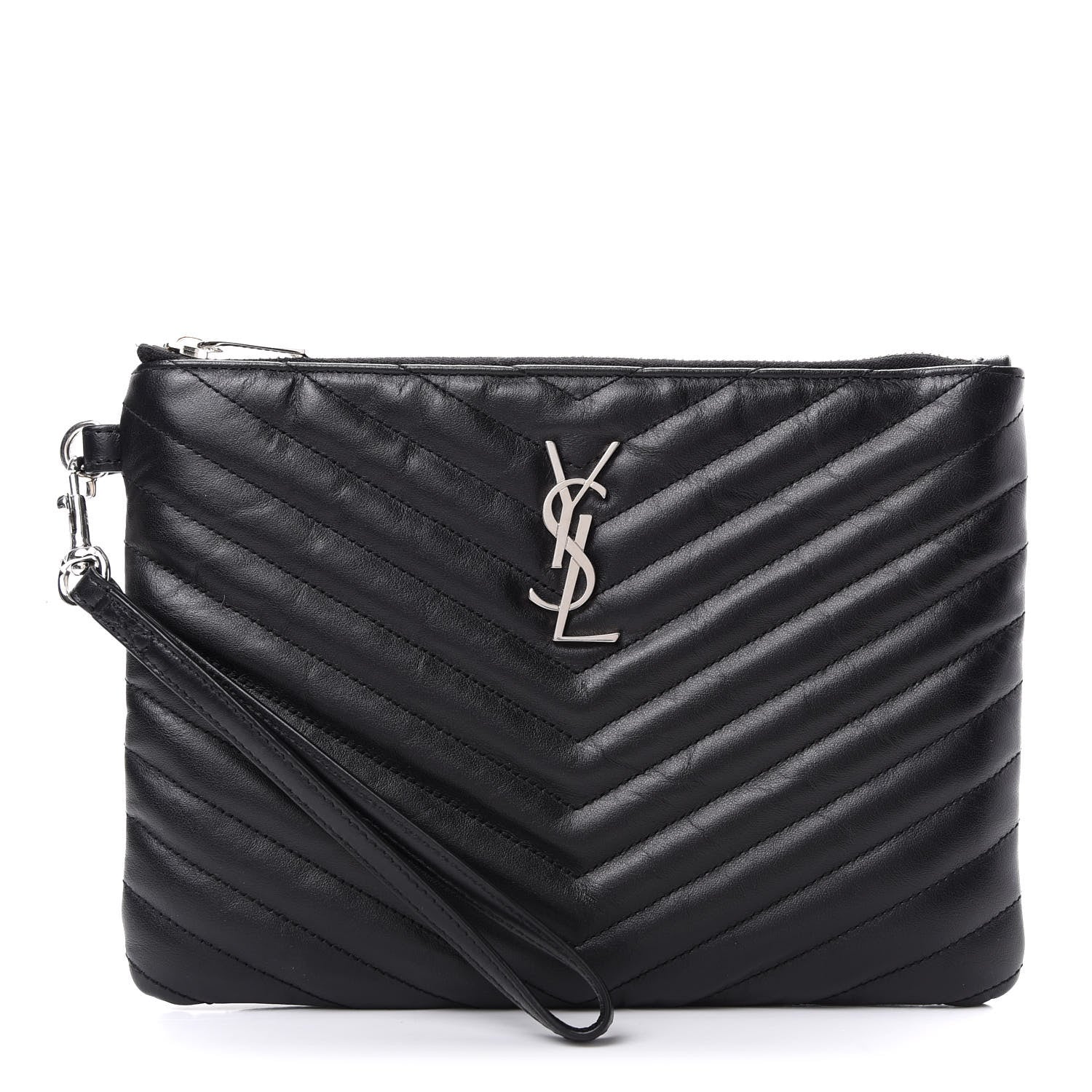 Saint Laurent Calfskin Matelasse Chevron Monogram A5 Wristlet Black 1 of 8