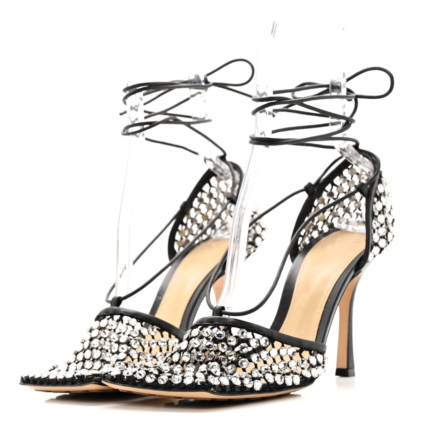 Bottega Veneta Mesh Nappa Crystal Embellished Sparkle Stretch Ankle Tie Sandals 41 Black 4 of 12