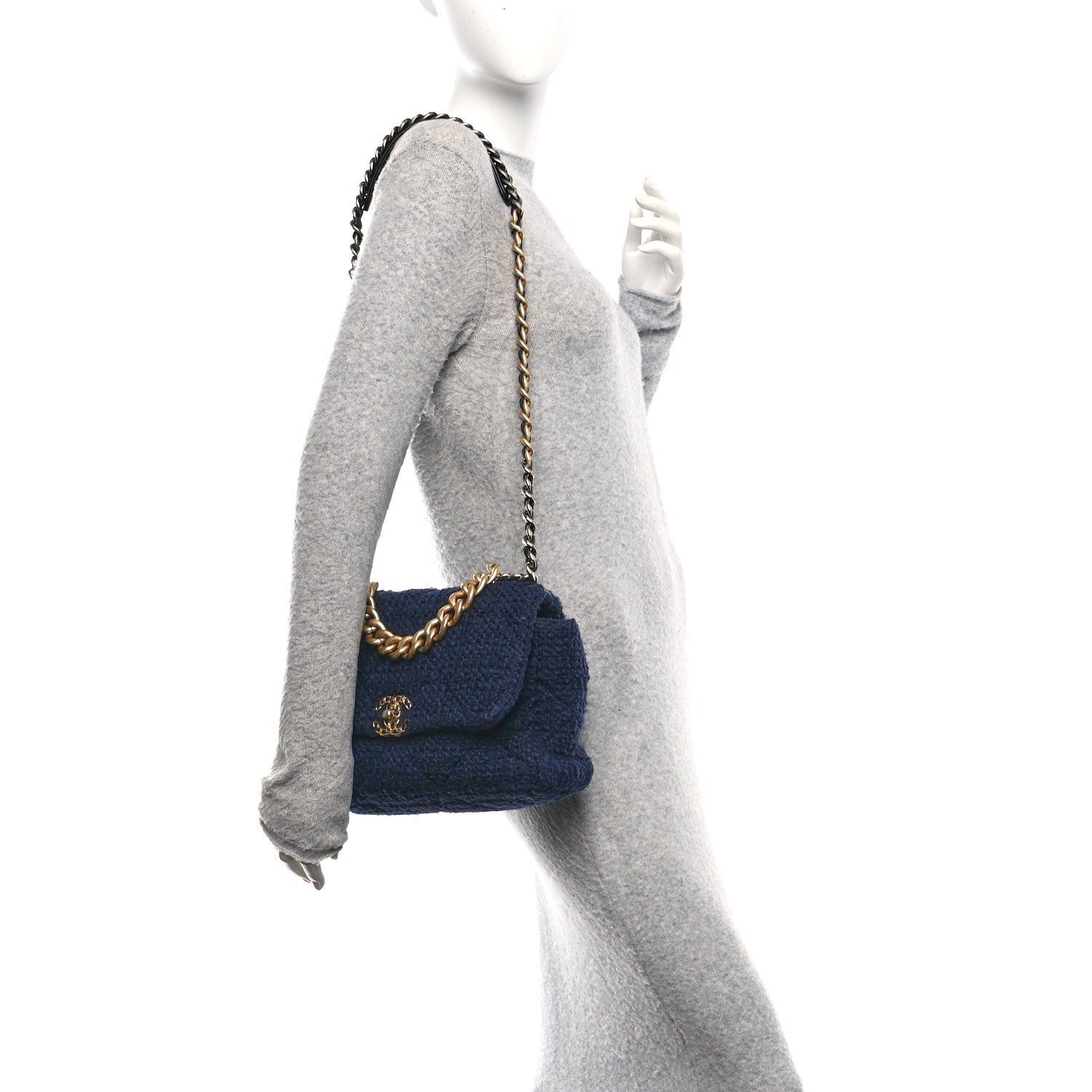 Chanel Tweed Quilted Large Chanel 19 Flap Navy Blue 2 of 10