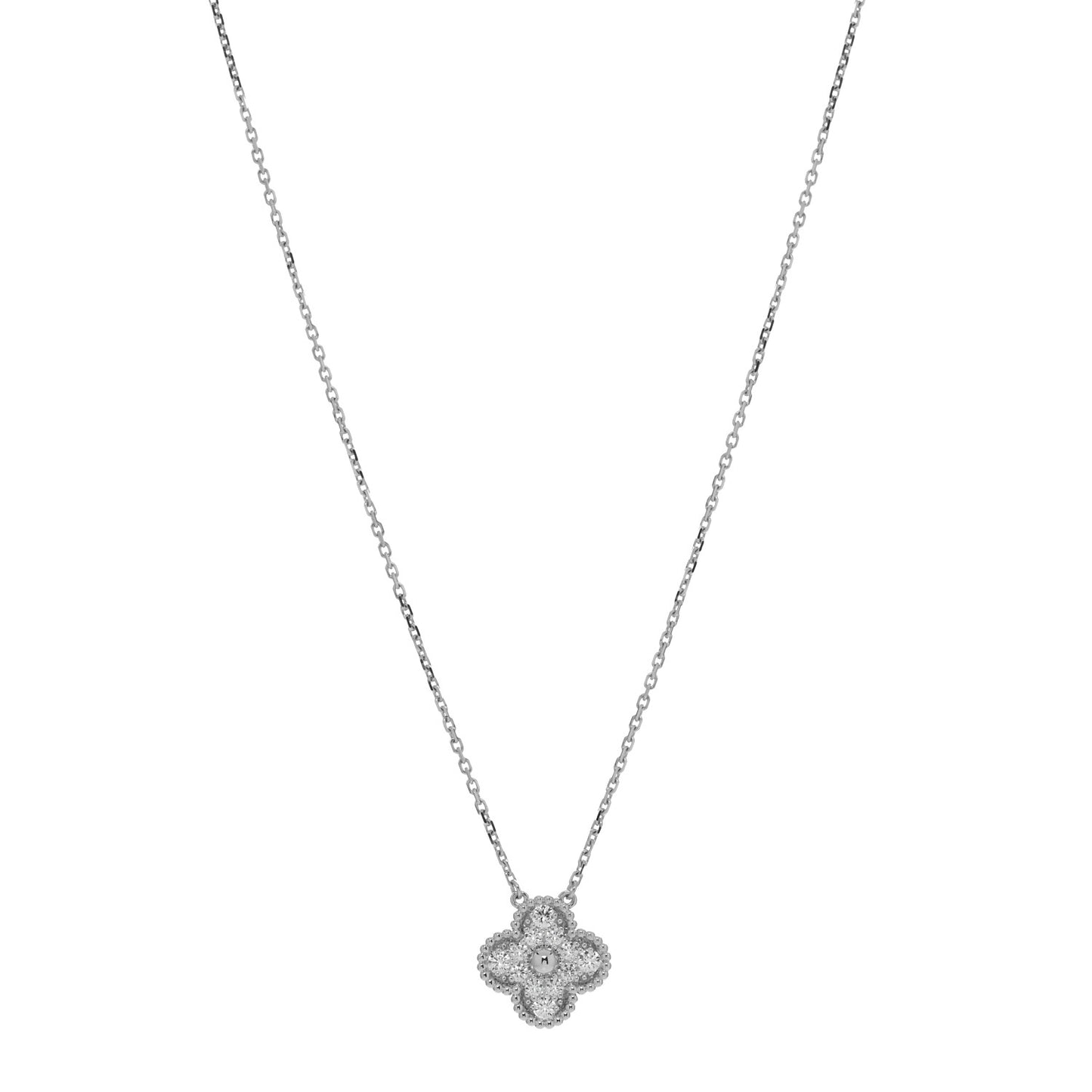 18K White Gold Diamond Vintage Alhambra Pendant Necklace