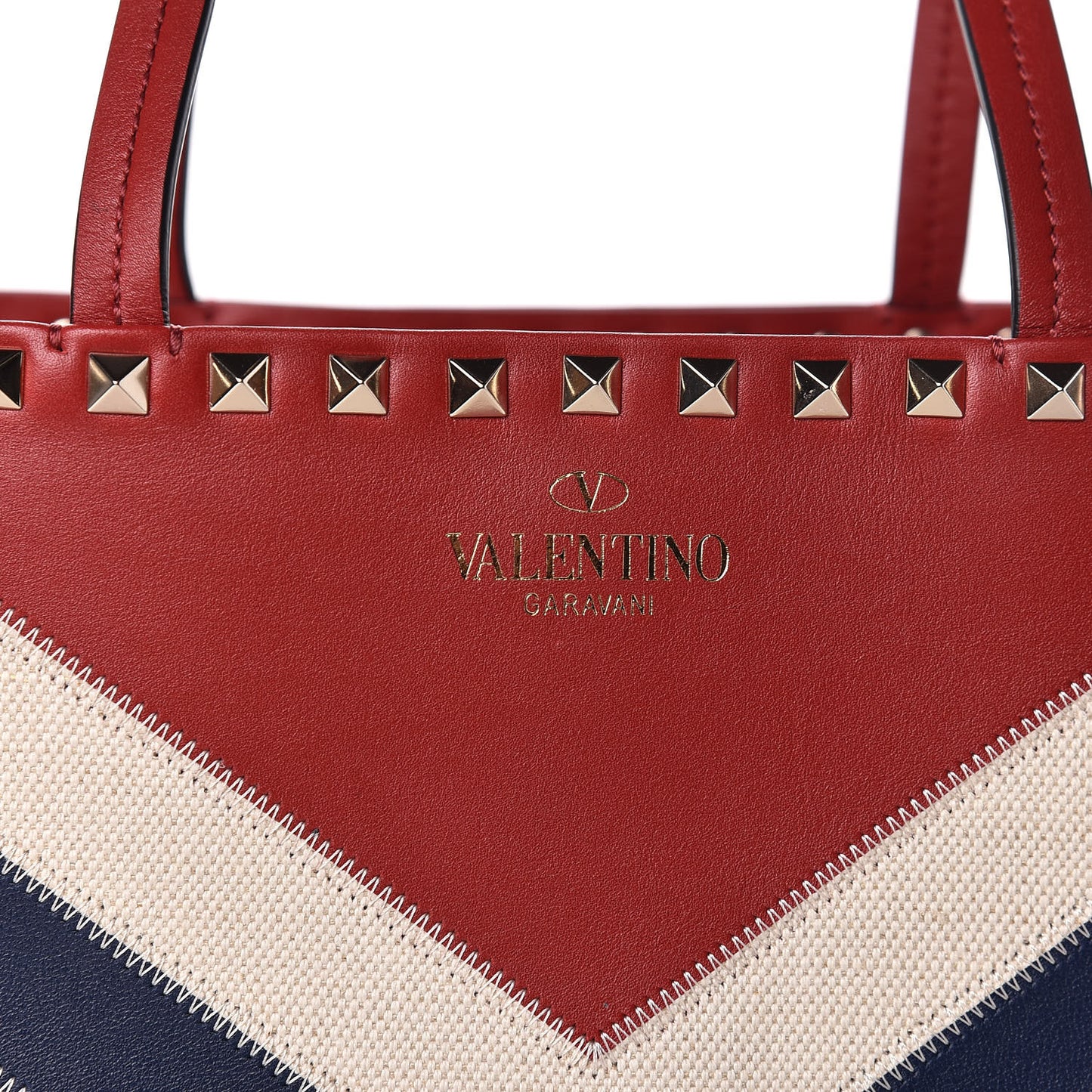 Calfskin Canvas Chevron Inlay Rockstud Shoulder Tote Red White Blue
