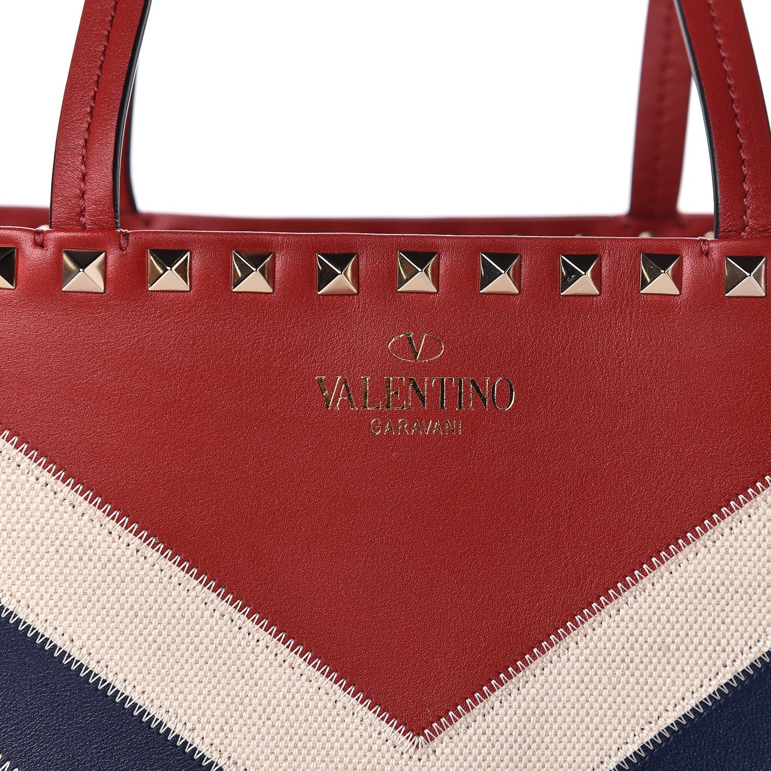 Valentino Garavani Calfskin Canvas Chevron Inlay Rockstud Shoulder Tote Red White Blue 7 of 9