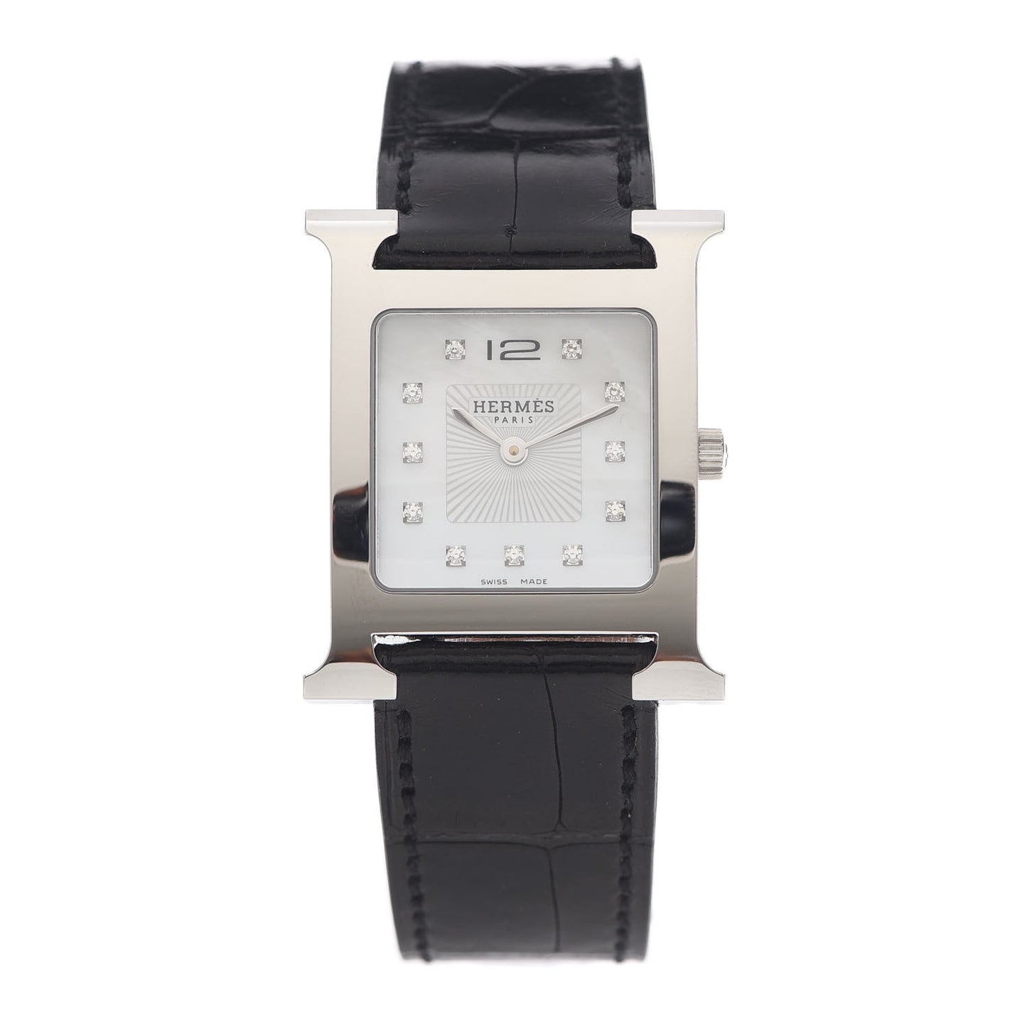 Stainless Steel Alligator Diamond Mother of Pearl 26mm Heure H Hour Quartz Watch Noir